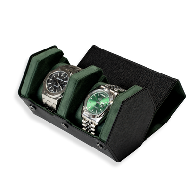 Hex Leather Watch Roll 2 Slots in Black/Green