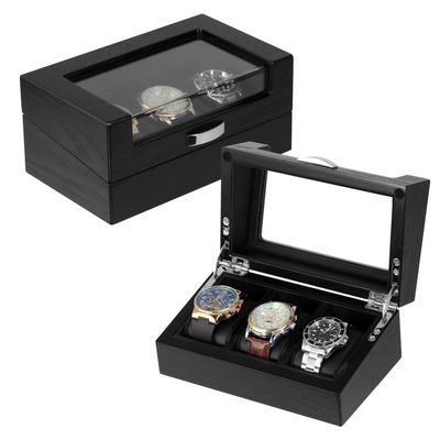 3 Slots Black Wooden Watch Box