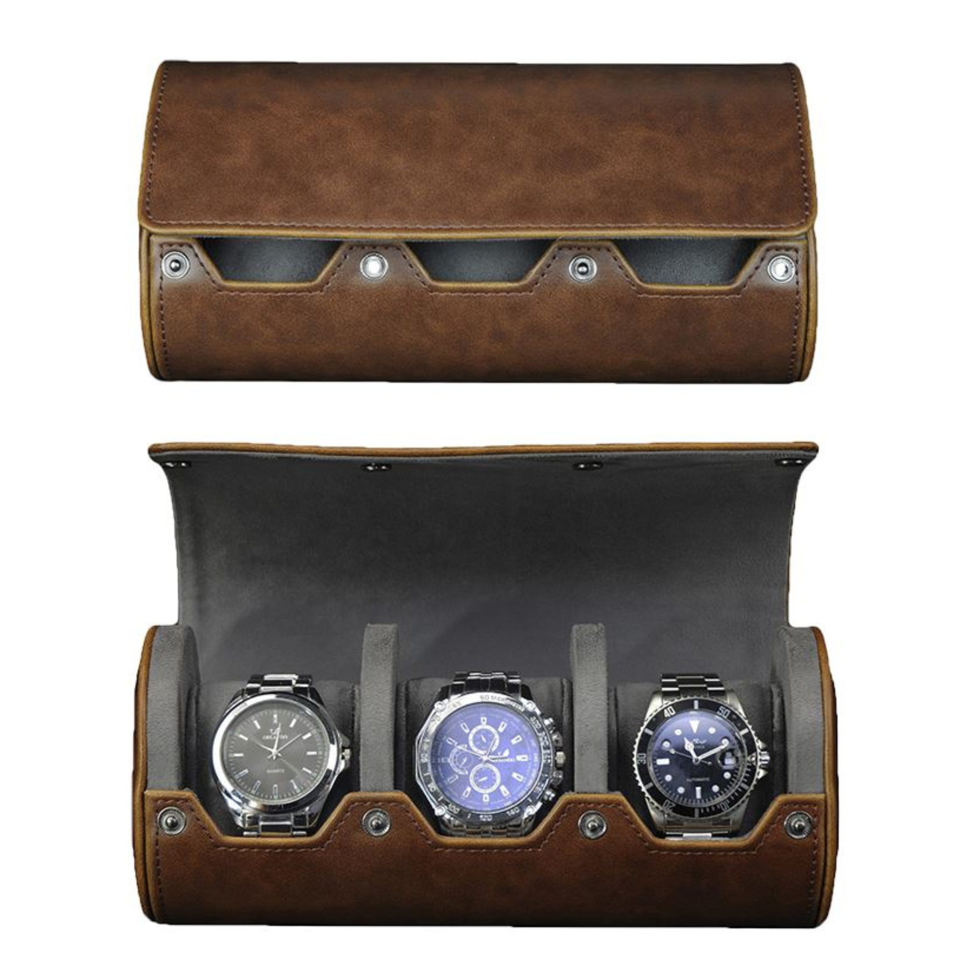 Watch Roll Case for 3 in Brown Vegan Leather