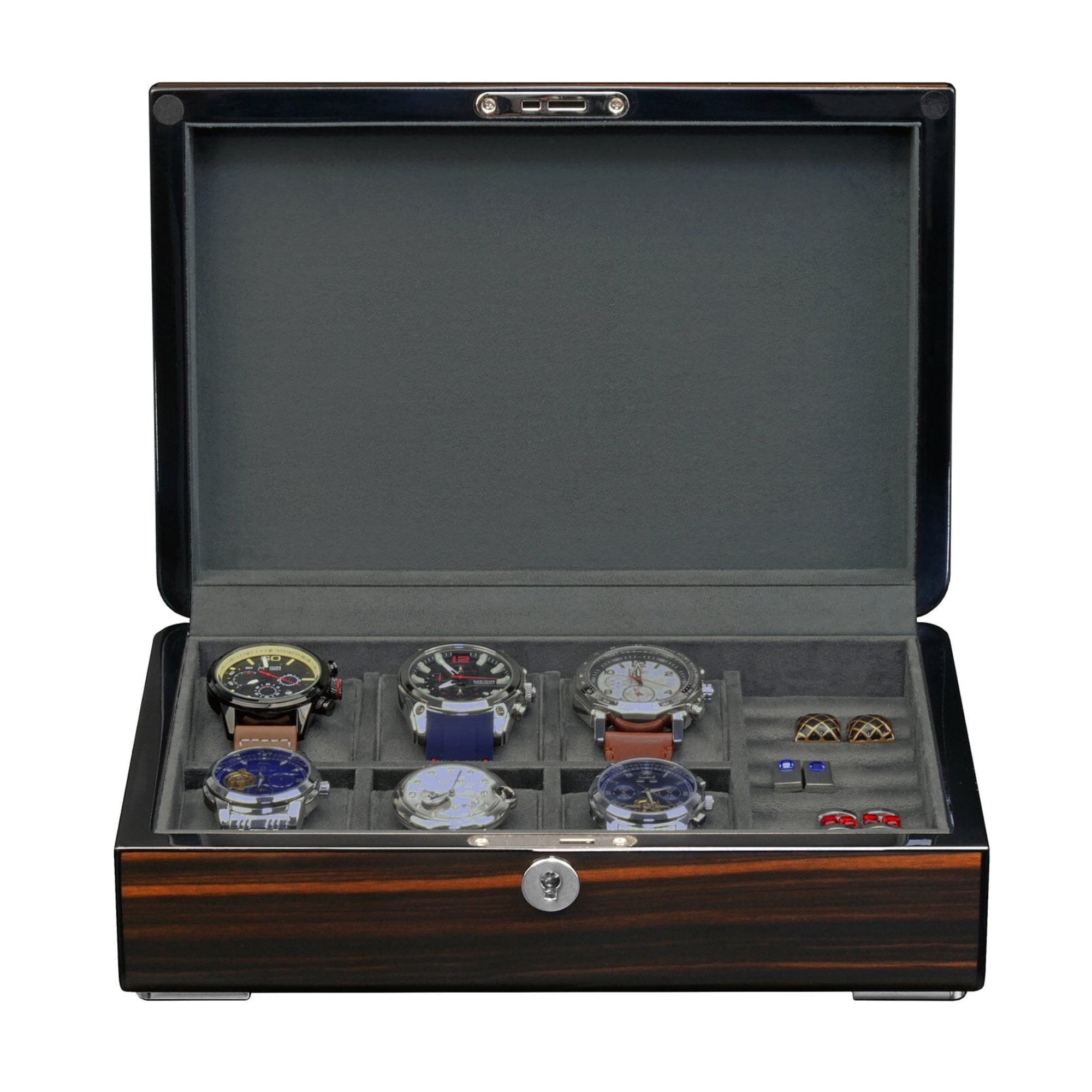 6 Slots Watch Box with Cufflinks Storage and Lock in Wooden Ebony