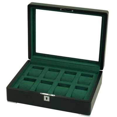 8 Slot Black Wooden Watch Box with Green Interior