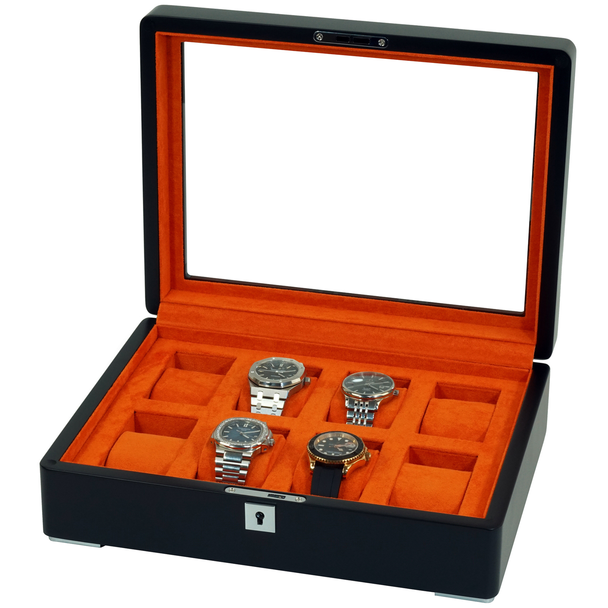 8 Slot Black Wooden Watch Box with Orange Interior