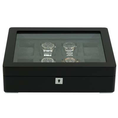 8 Slot Black Wooden Watch Box with Charcoal Interior