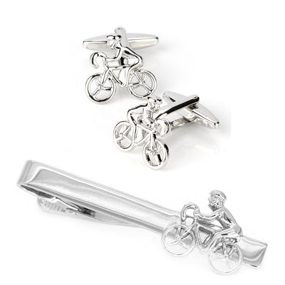 Bicycle Cyclist Silver Cufflinks & Tie Clip Set