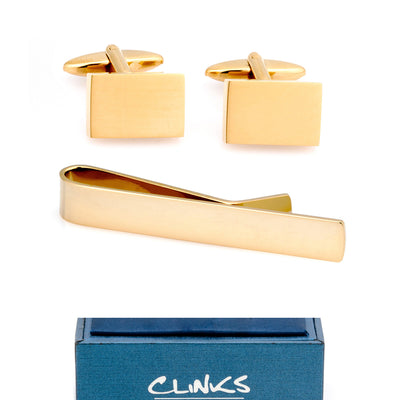 Shiny Gold Rectangle Engravable Cufflinks & Tie Bar Set