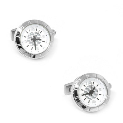 Round Silver Carbon Fibre Working Watch Clock Cufflinks