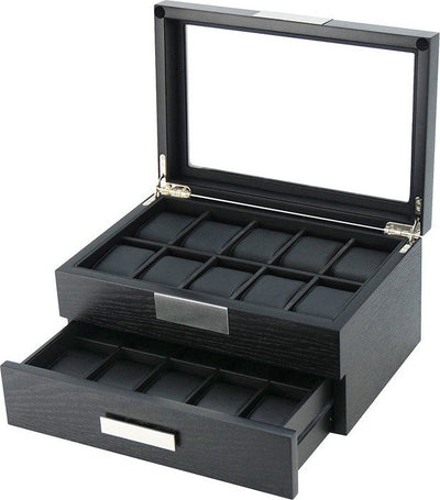 Black Wooden Watch Box, 20 Watch Box, Cuffed Watch Box, Clinks Australia Watch Box, Black Watch Boxes on Cuffed, Australia Watch Box, Watch Storage Box, Watch Display Box, 20 Slots Watch Boxes, Watch Boxes for 20, Wooden Watch Box, Black, Wooden, Watch Boxes with Drawer, Storage Boxes, CB5045, Clinks.com